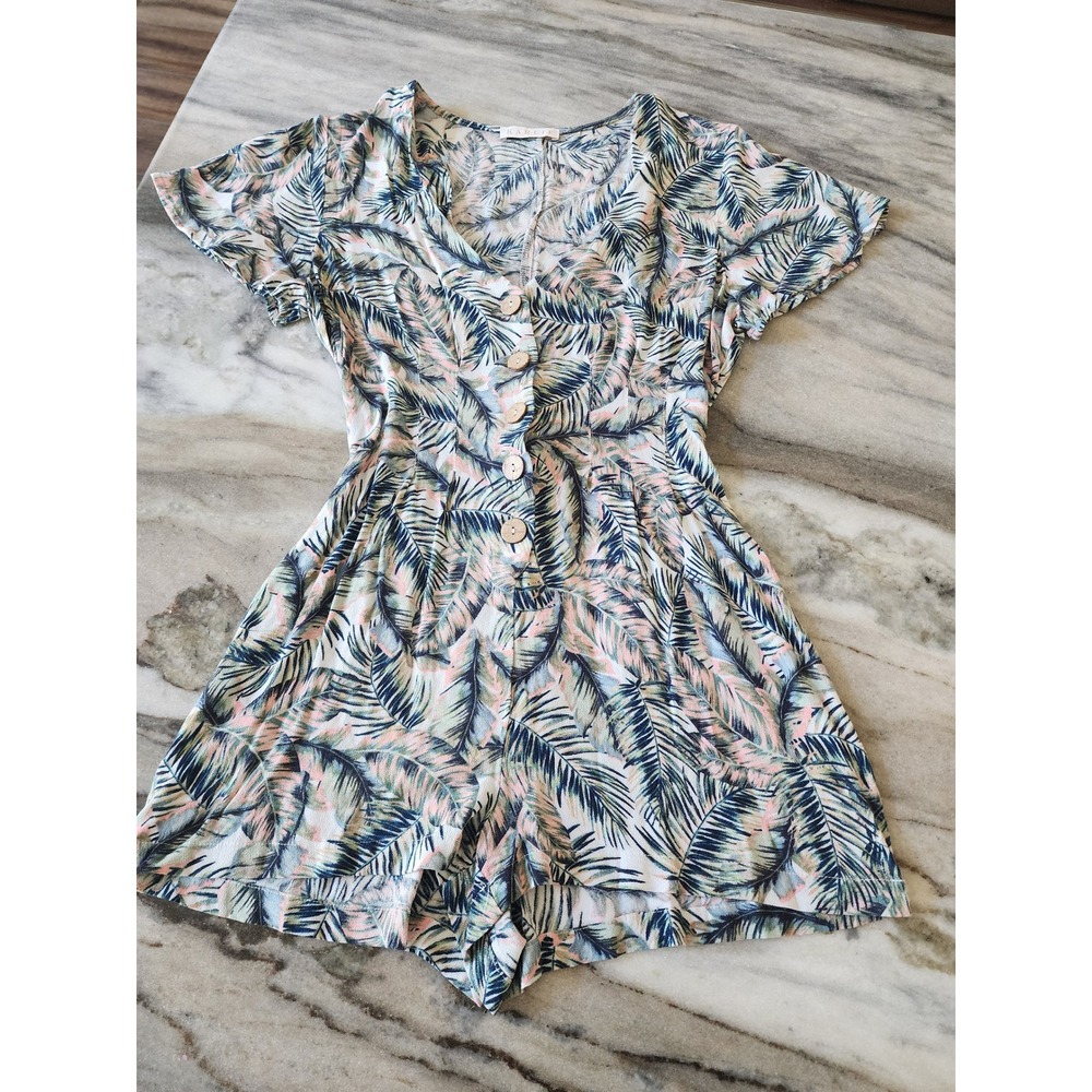 Karlie Tropical Palm Leaf Button Front Romper Small Vacation Longe